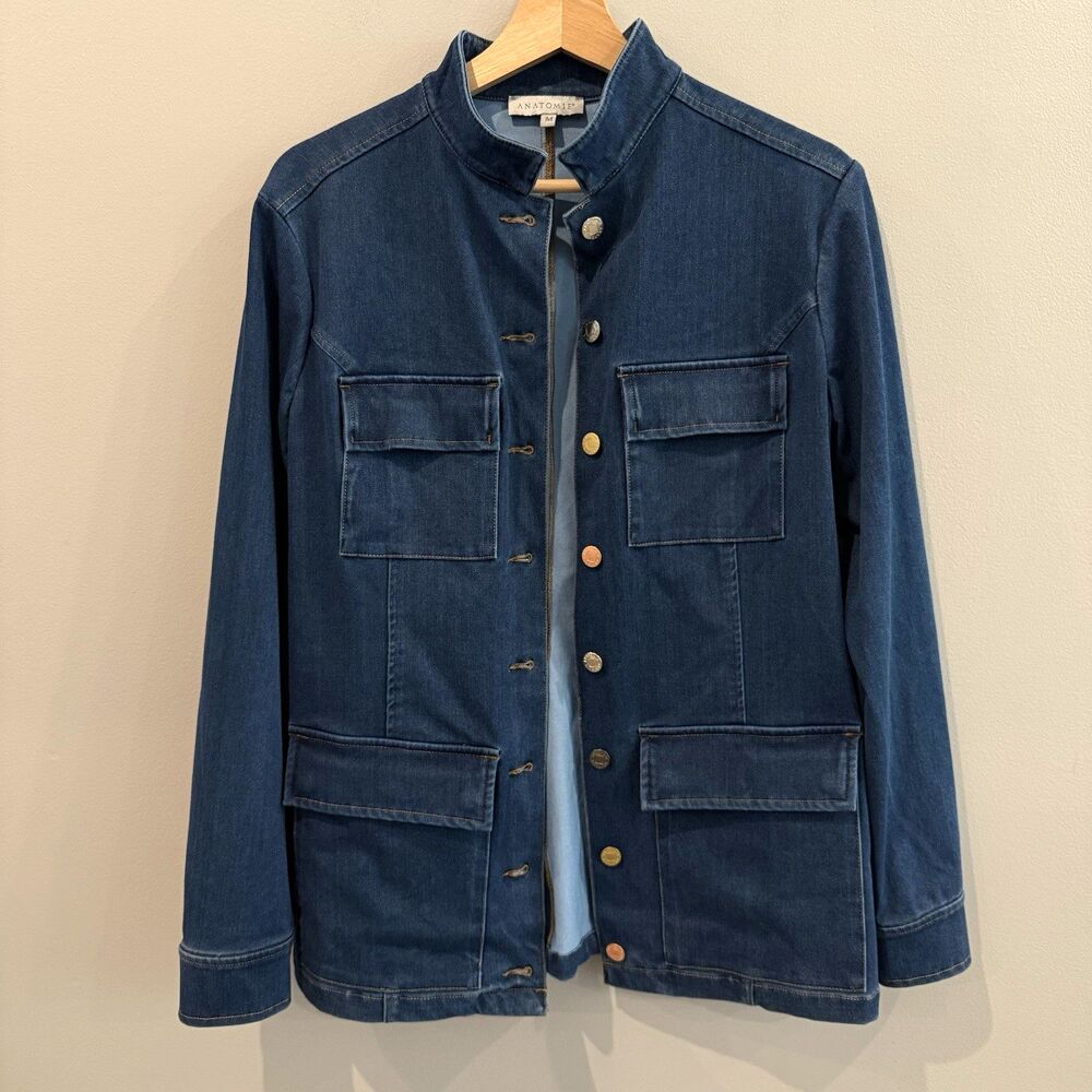 Anatomie Denim Utility Jacket Sz M Stand Collar Pockets Coat Stretch Buttons